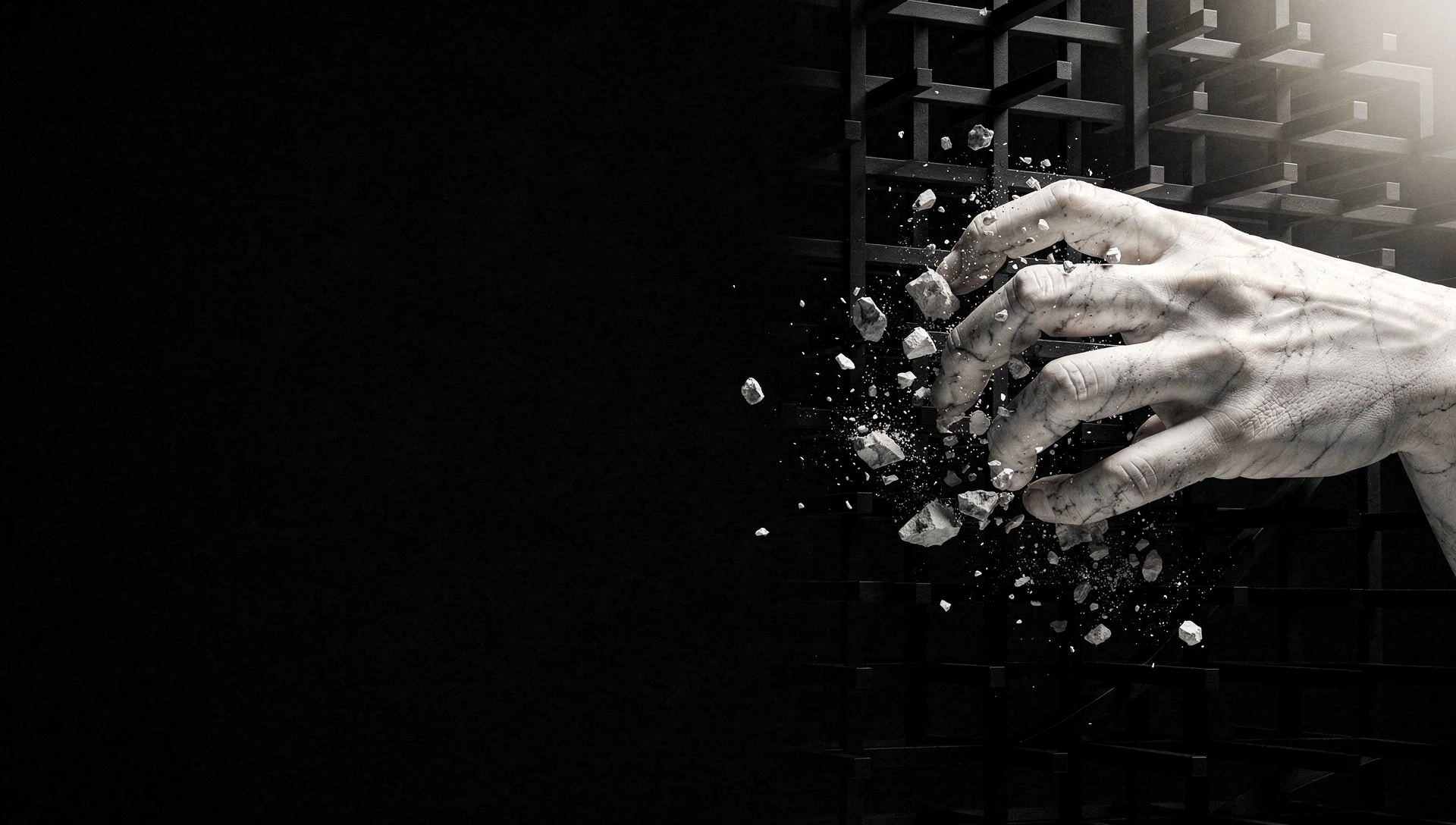 A marble hand breaking through a rigid geometric lattice